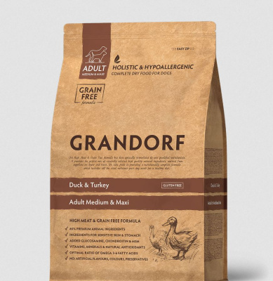 GRANDORF DOG Сухой корм для собак средних и крупных пород, с уткой и индейкой, 1 кг.