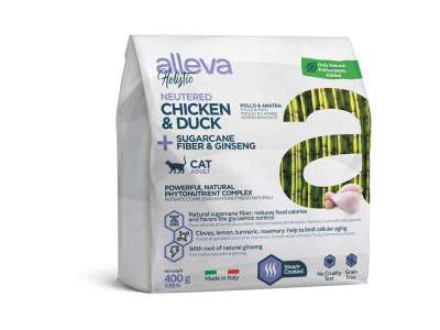 Alleva Holistic Chicken & Duck + Sugarcane fiber & Ginseng Neutered  для стерилизованных кошек с курицей и уткой, волокнами сахарного тростника и женьшенем, 0,4 кг