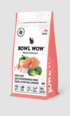 BOWL WOW Сухой корм для стерилизованных кошек с лососем, белой рыбой и брокколями, 400 г