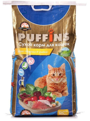 Пуффинс Сухой корм для кошек всех пород «Курочка и рыбка» 10 кг