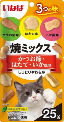 Лакомство для кошек Inaba Yakimiksu Снеки со вкусом кацуобуси, морского гребешка и кальмара, 25 г