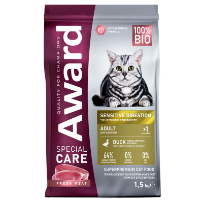 Сухой корм AWARD SPECIAL CARE Sensitive Digestion для взрослых кошек с чувствительным пищеварением со свежим мясом утки 1,5 кг