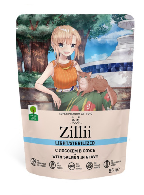ZILLII Sterillized Cat пауч для взрослых кошек, полнорационный корм, Лосось в соусе, 85 гр
