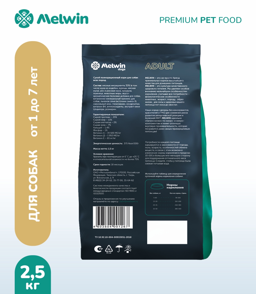 Melwin сухой корм для собак с индейкой и рисом от 1 года, 2,5 кг