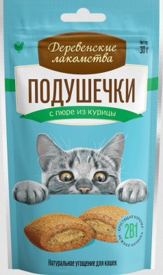 Лакомства для кошек "Деревенские Лакомства" Подушечки с пюре из курицы 30г
