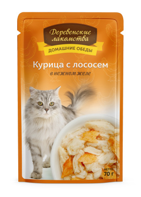 Деревенские лакомства "Курица с лососем в нежном желе" для кошек пауч пакет, 70 гр