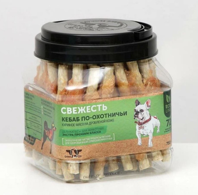 ГРИН КЬЮЗИН Лакомство для взрослых собак и щенков "Свежесть " Сушеные куриные твистеры, банка 750гр