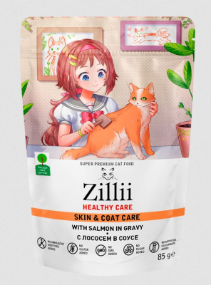 ZILLII Healthy Skin&Coat Care пауч для взрослых кошек,  полнорационный консервированный корм, Лосось в соусе, 85 гр