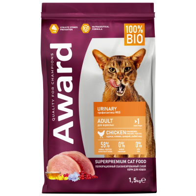 Сухой корм AWARD Urinary для взрослых кошек для профилактики мочекаменной болезни с курицей с добавлением клюквы, цикория и рыбьего жира, 1,5 кг
