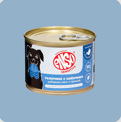 ENSO SENSITIVE Влажный монопротеиновый корм  для собак с чувствительным пищеварением, телятина, гречка и кабачок, 190г