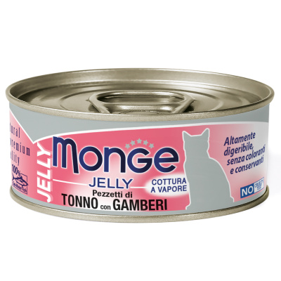 Влажный корм Monge jelly Adult cat для взрослых кошек с желтоперым тунцом и креветками, консервы - 80 г