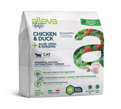 Сухой беззерновой полнорационный корм для кошек Alleva Holistic с курицей, уткой, алое вера и женьшенем, 400 г