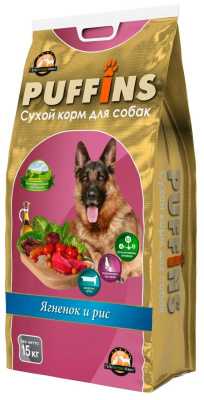 Пуффинс Сухой корм для взрослых собак «Ягненок и рис» 15 кг