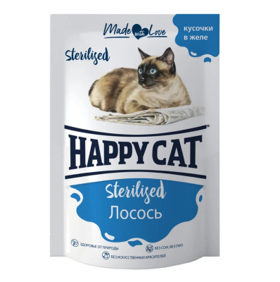Happy Cat Влажный корм для стерилизованных кошек Лосось кусочки в желе, 85 гр