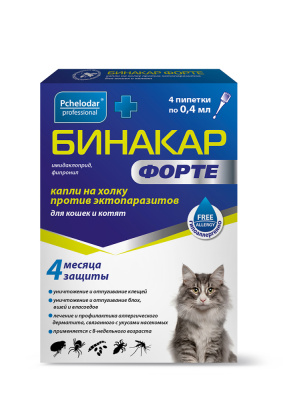 Pchelodar "Бинакар Форте" Капли на холку для кошек и котят упаковка, 4 пипетки