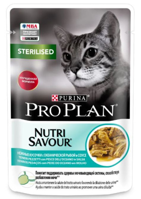 Pro Plan Nutri Savour Влажный корм для взрослых стерилизованных кошек и кастрированный котов, с океанической рыбой в соусе 85 гр