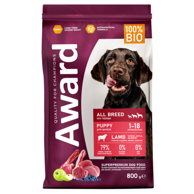 Сухой корм AWARD для щенков от 1 месяца, беременных и кормящих сук всех пород с ягненком и индейкой с добавлением яблока и черники, 800 г