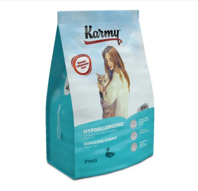 Сухой полнорационный корм KARMY Hypoallergenic для кошек склонных к пищевой аллергии. , Утка — 0,4кг + Стикер "Акция Скидка 30%"
