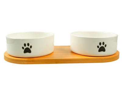 Миска Mr.Kranch Bamboo керамическая белая двойная на бамбуковой подставке 2х350 мл