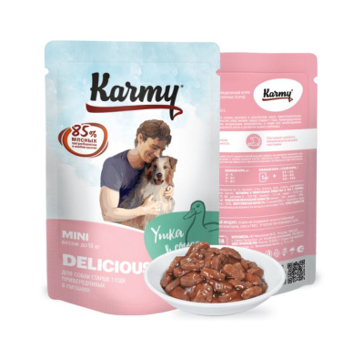 Karmy Delicious Влажный корм для собак мелких пород старше 1 года для привередливых, Утка в соусе - 80гр
