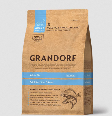 GRANDORF DOG Сухой корм для собак средних и крупных пород с белой рыбой, 1 кг.