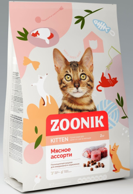 Корм сухой ZOONIK полнорационный для котят, мясное ассорти, 2 кг