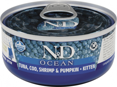 Консервы FARMINA N&D CAT OCEAN TUNA, COD, SHRIMP&PUMPKIN KITTEN для котят с тунцом, треской, креветками и тыквой - 80 гр