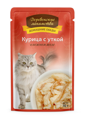 Деревенские лакомства "Курица с уткой в нежном желе" для кошек пауч, пакет 70 гр
